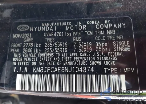 2022 Hyundai Tucson Xrt from USA, damaged, VIN KM8JFCAE8NU104374